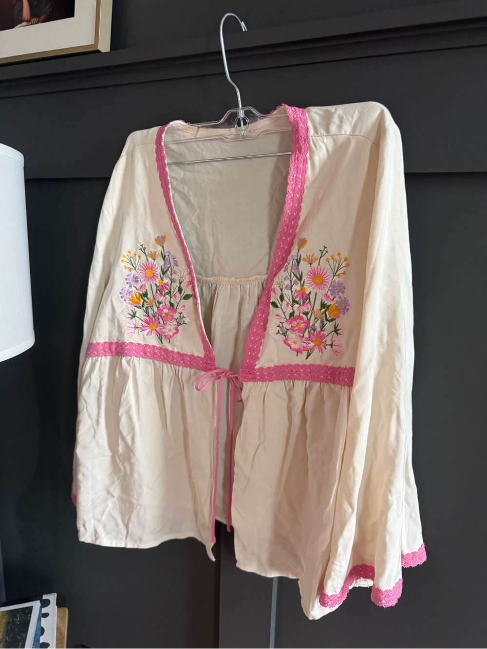 Cream Embroidered Boho Tie-Front Top with Pink Trim